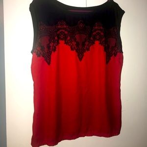 Red and black blouse with lace